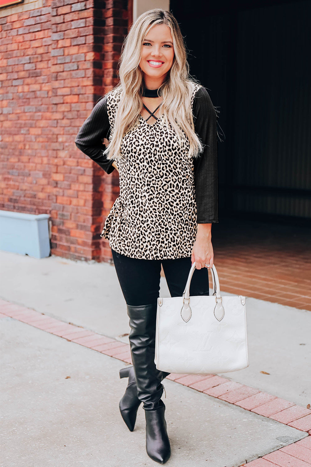 Leopard Choker Crisscross Contrast 3/4 Sleeve Leopard Print Top