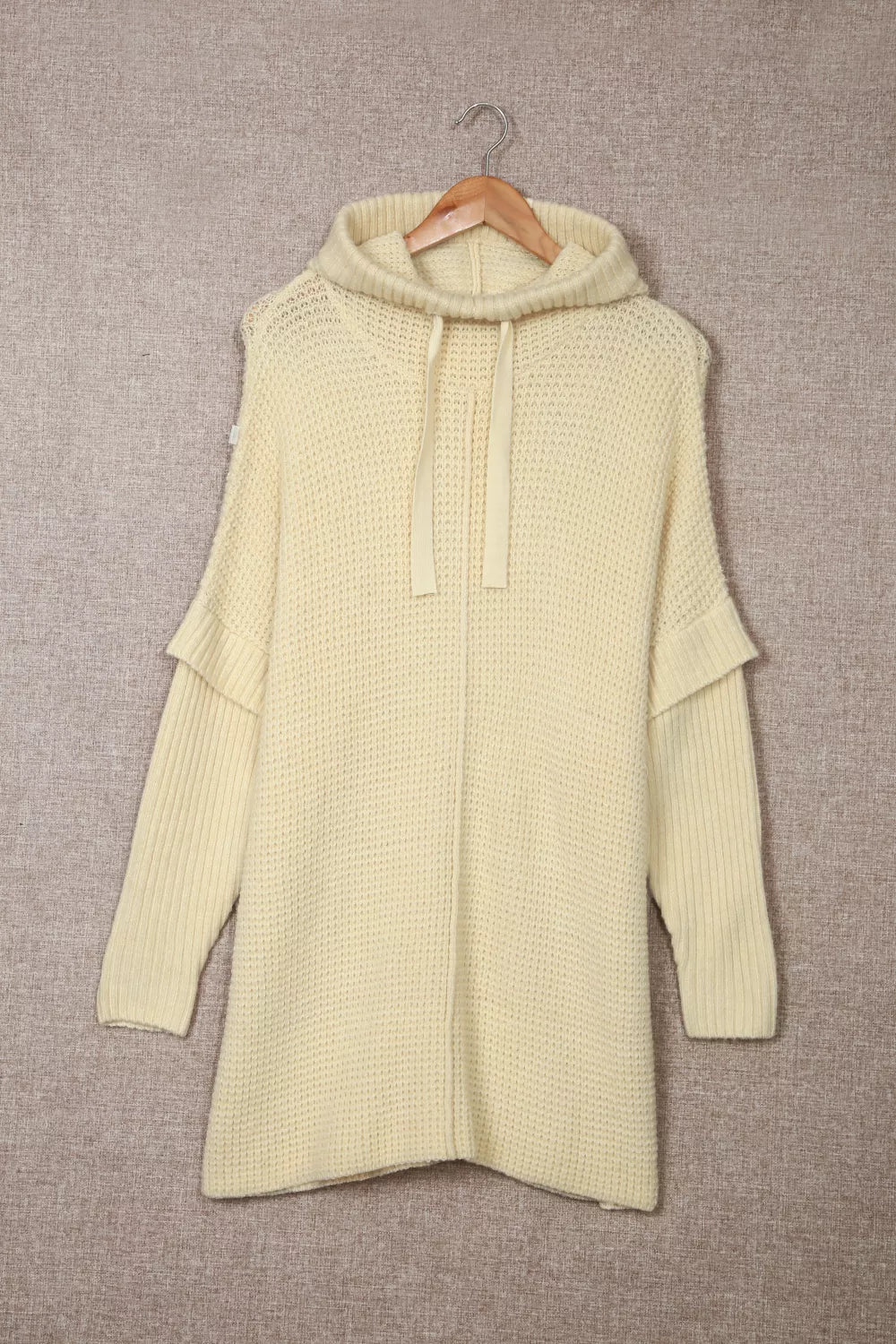 Apricot Waffle Knit Loose Slit Drawstring Hooded Sweater
