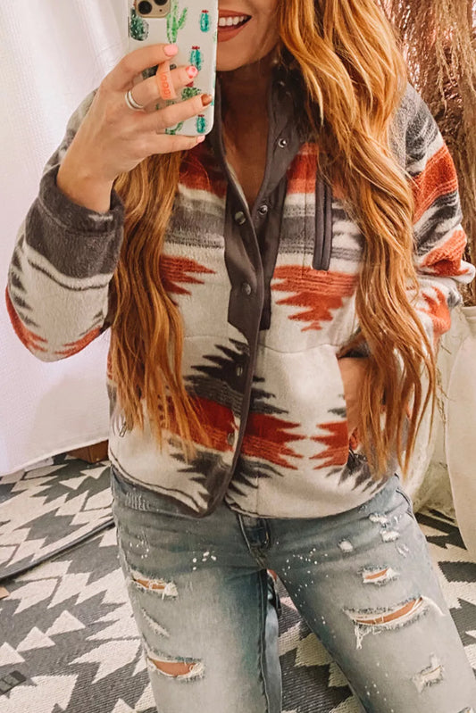 Gray Western Aztec Snap Buttoned Fleece Jacket