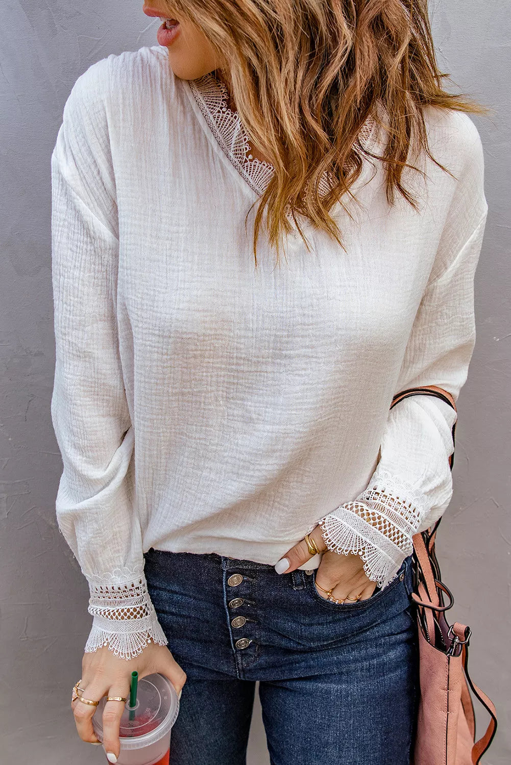 Lace V Neck Cuffed Blouse