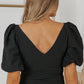 Black V Neck Ruched Front Puffy Sleeve Blouse