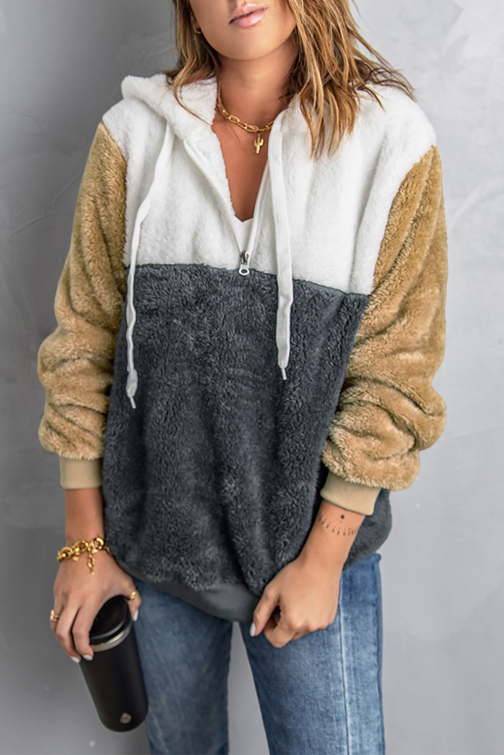 Colorblock Fluffy Faux Fur Hoodie