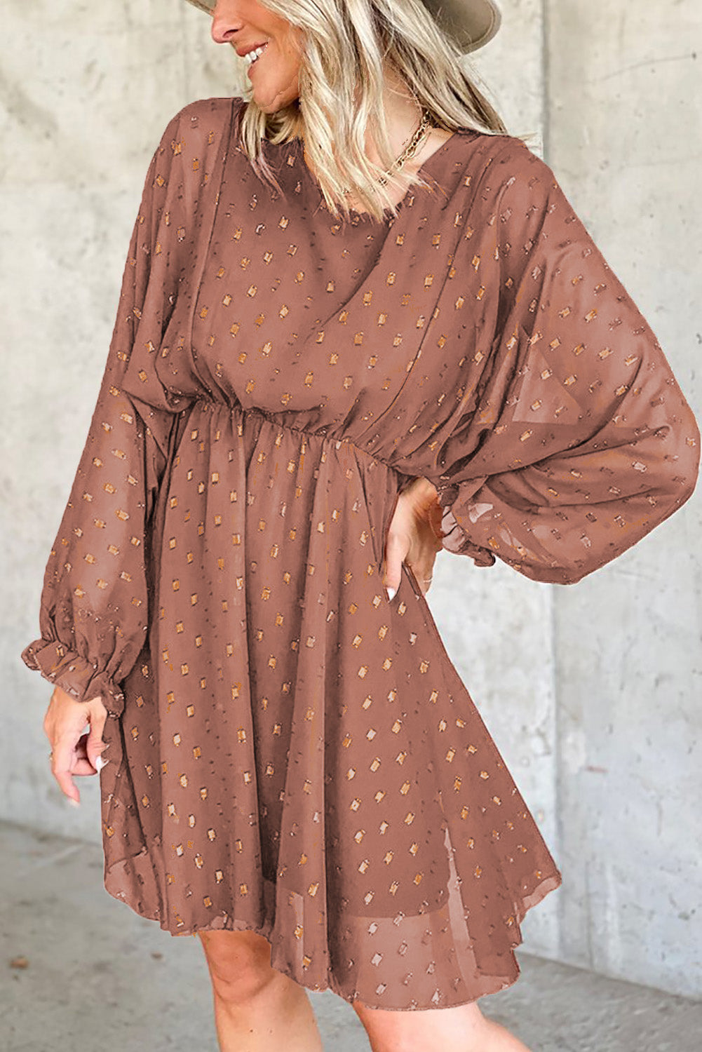 Swiss Dot Bubble Sleeves Chiffon Dress