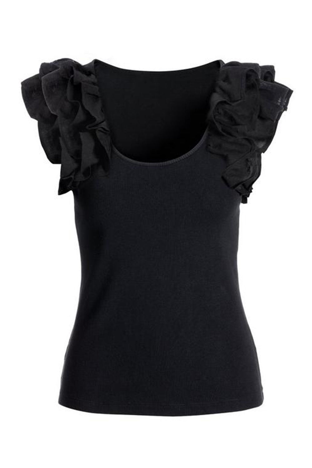 Black Ruffle Short Sleeves Round Neck Top