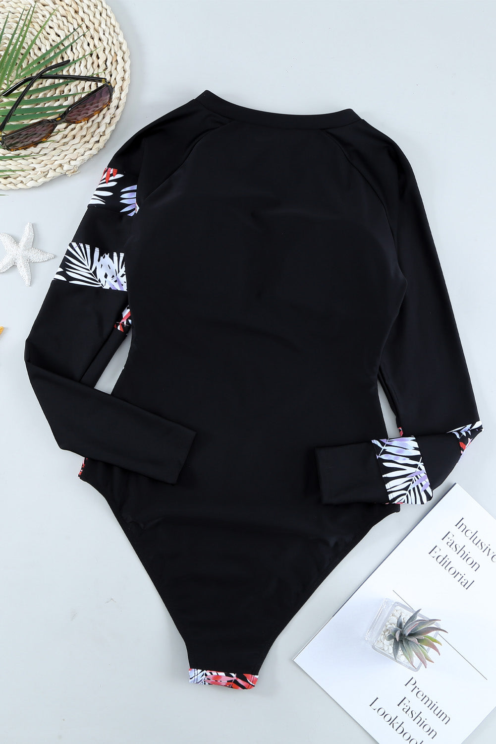Leaves Print Zip-up Long Sleeve Surf Rash Guard Swimwear