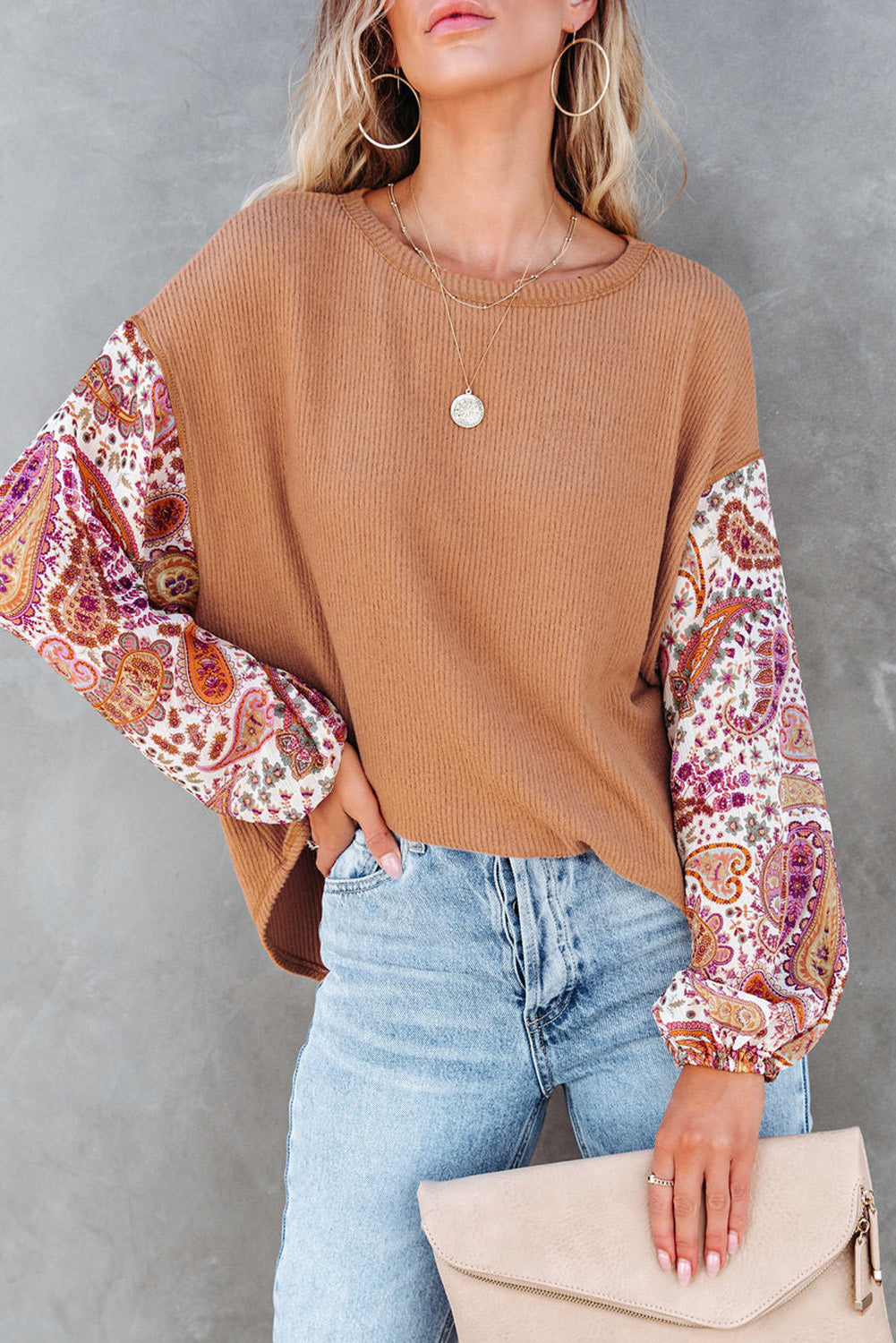 Paisley Contrast Bubble Sleeve Ribbed Top