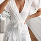 Flutter Sleeve Wrap V Neck Floral Lace Short Dress