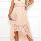 Pink Ruffle Trim Dip Hem Lace Midi Dress