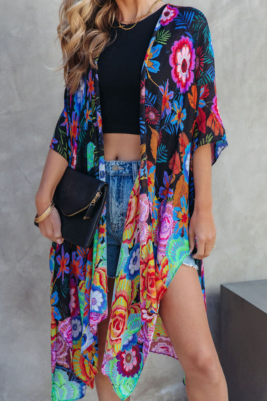 Floral Print Half Sleeve Open Front Kimono