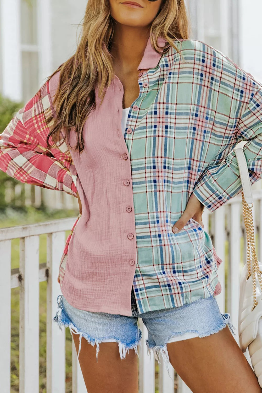 Plaid Contrast Color Block Shirt with Slits