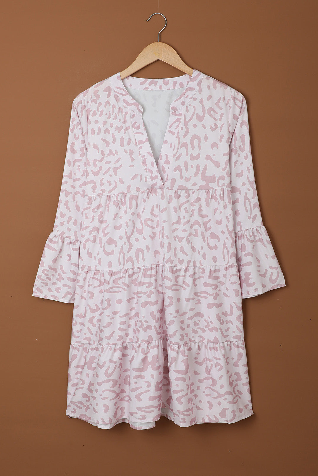 Pink Leopard Print V neck Ruffle Swing Mini Dress