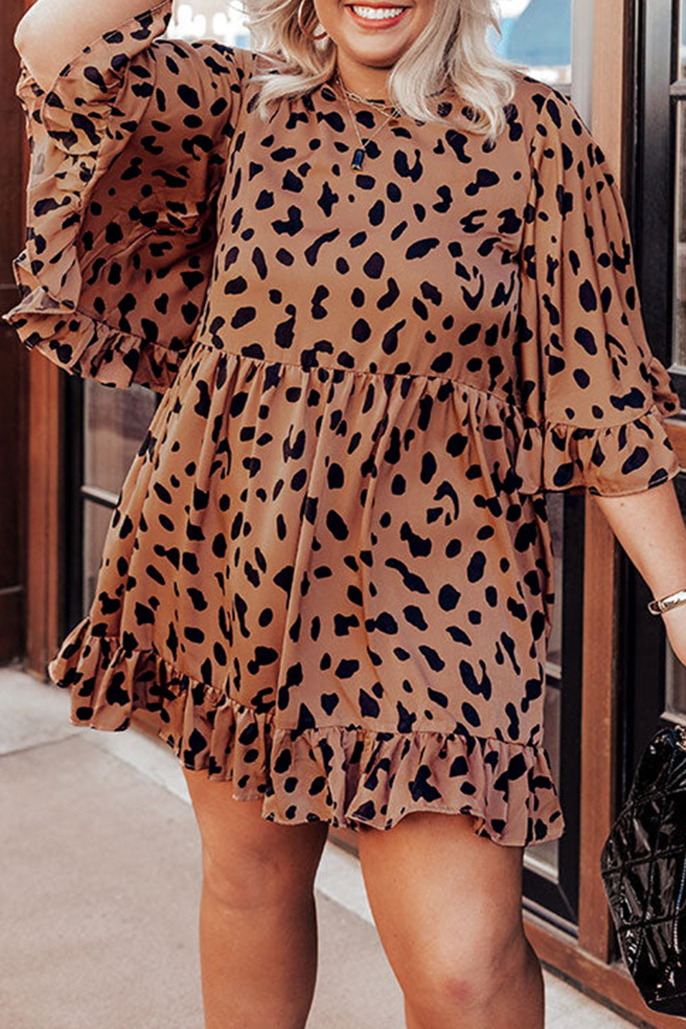 Plus Size Leopard Shift Dress with Ruffle