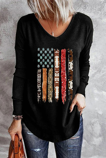 Black Western American Flag Graphic Print V Neck Top