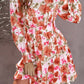 Floral V Neck Long Sleeve Tie Waist Mini Dress