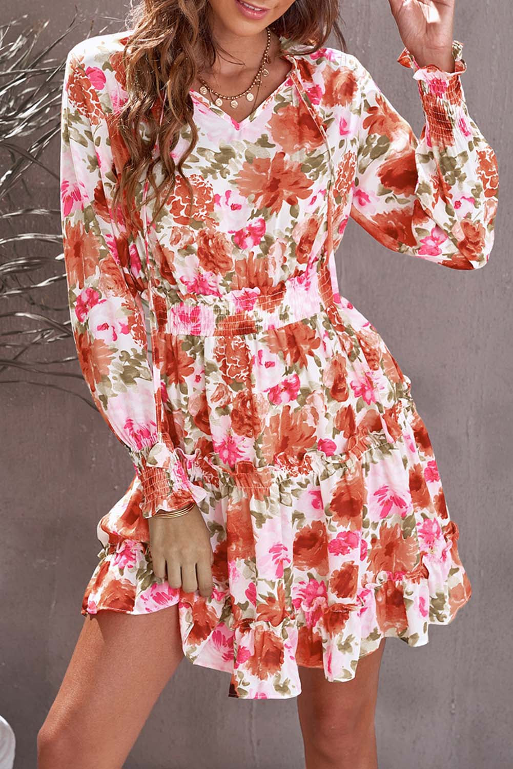 Floral V Neck Long Sleeve Tie Waist Mini Dress