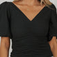 Black V Neck Ruched Front Puffy Sleeve Blouse