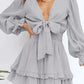 Deep V Neck Lantern Sleeve Knotted Tiered Mini Dress