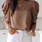 Brown Keyhole Back Puff Sleeve Crew Neck Top