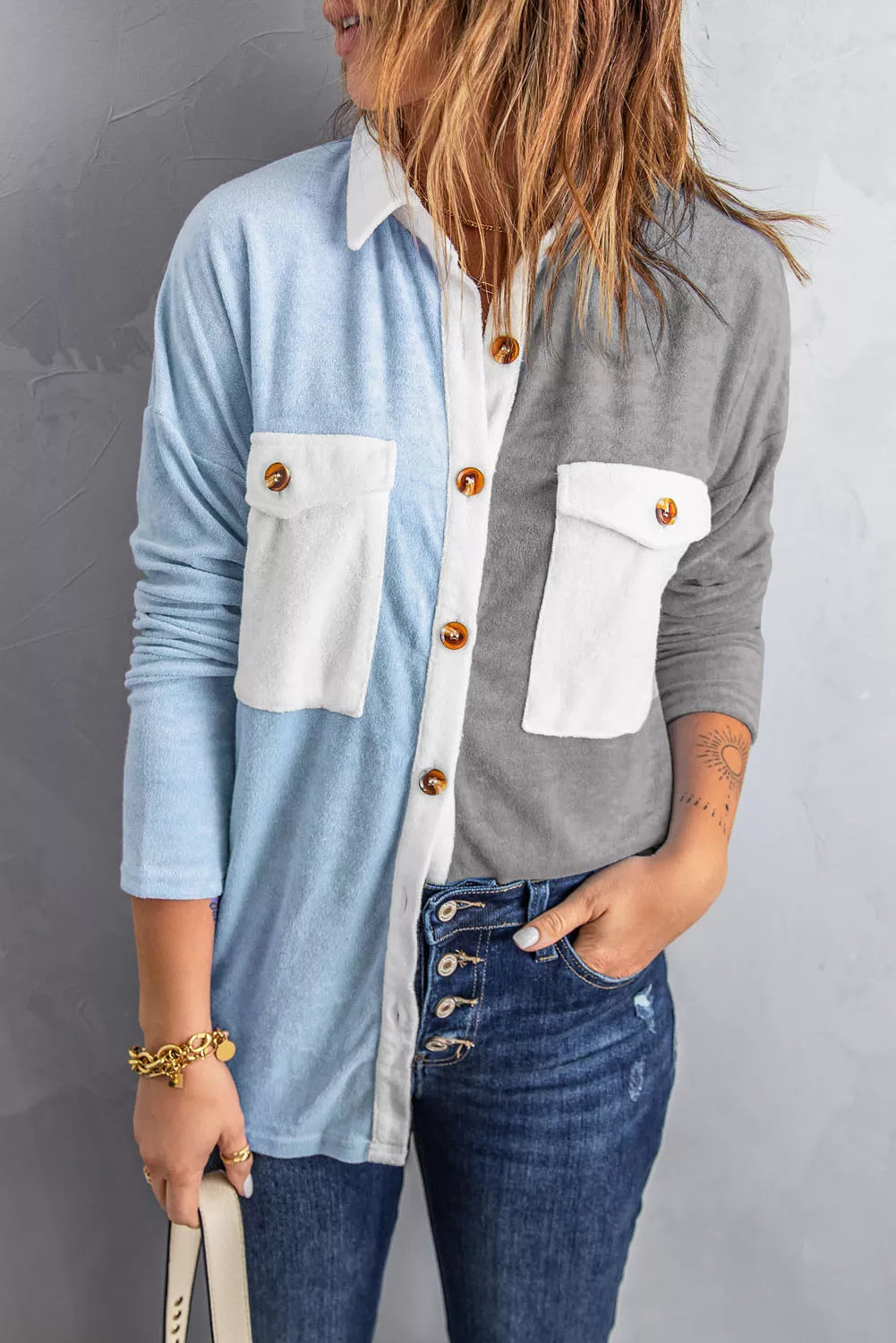Colorblock Fleece Pockets Buttoned Shirt