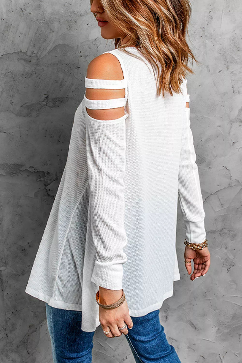 Zip Neck Cut-out Waffle Knit Long Sleeve Top