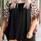 Black Waffle Knit Animal Print Ruffle Sleeves Plus Size Top