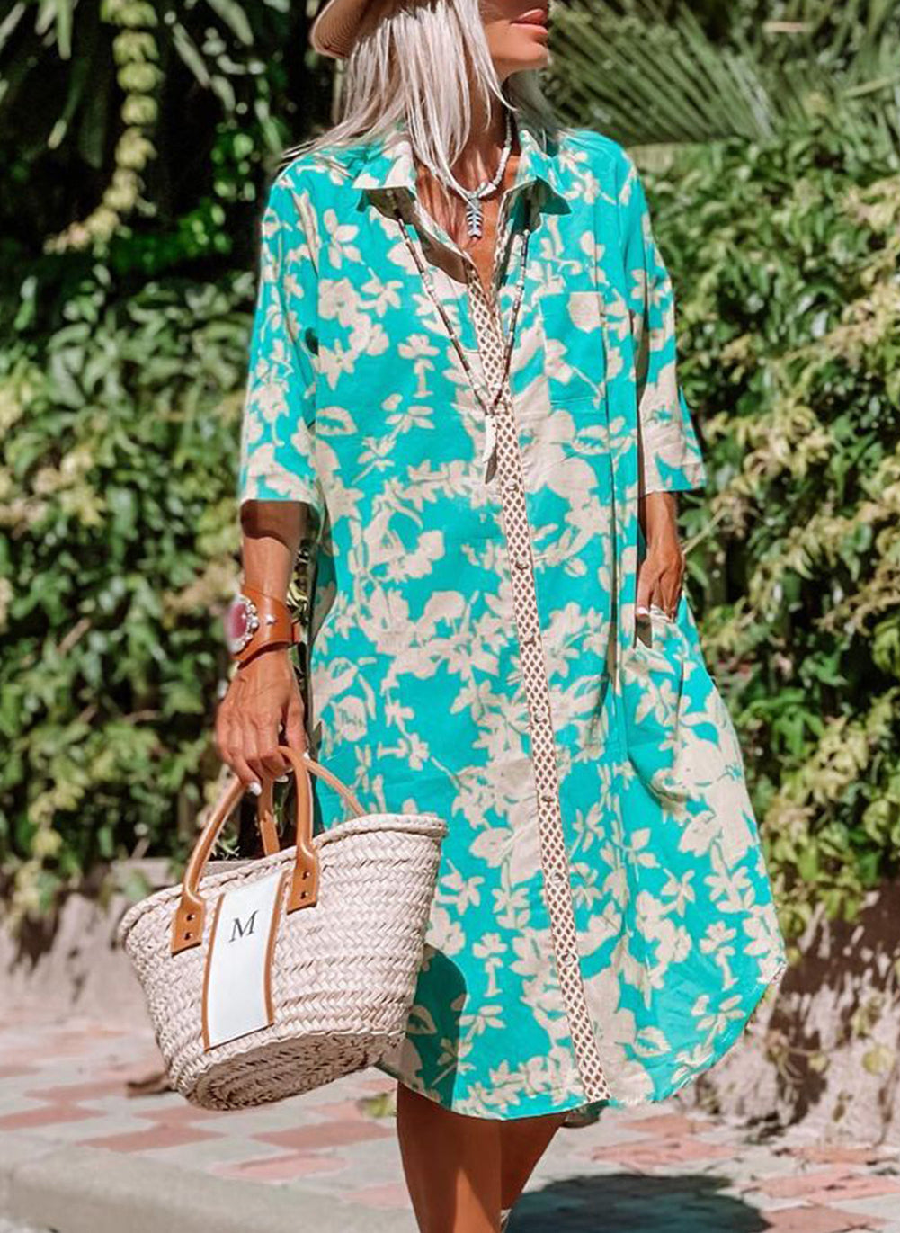 Sky Blue Floral Print Button-up Half Sleeve Maxi Dress
