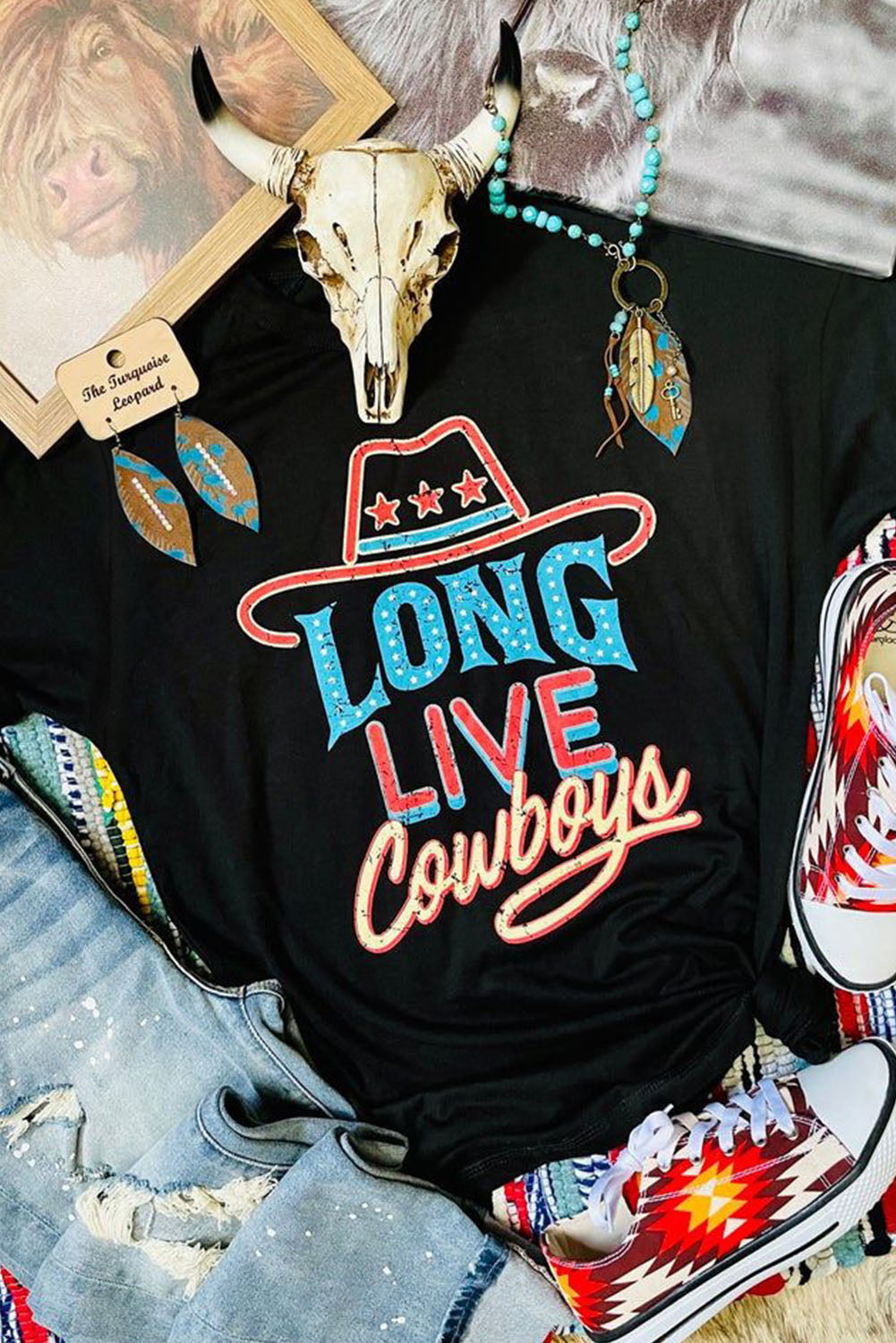 Long Live Cowboys Graphic Print Crew Neck T Shirt