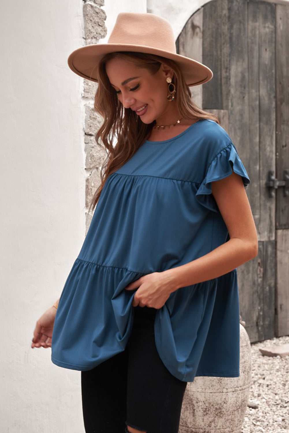 Short Sleeve Keyhole Ruffled Babydoll Top