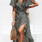 Black Boho Floral Print Belted Wrap Slit Maxi Dress