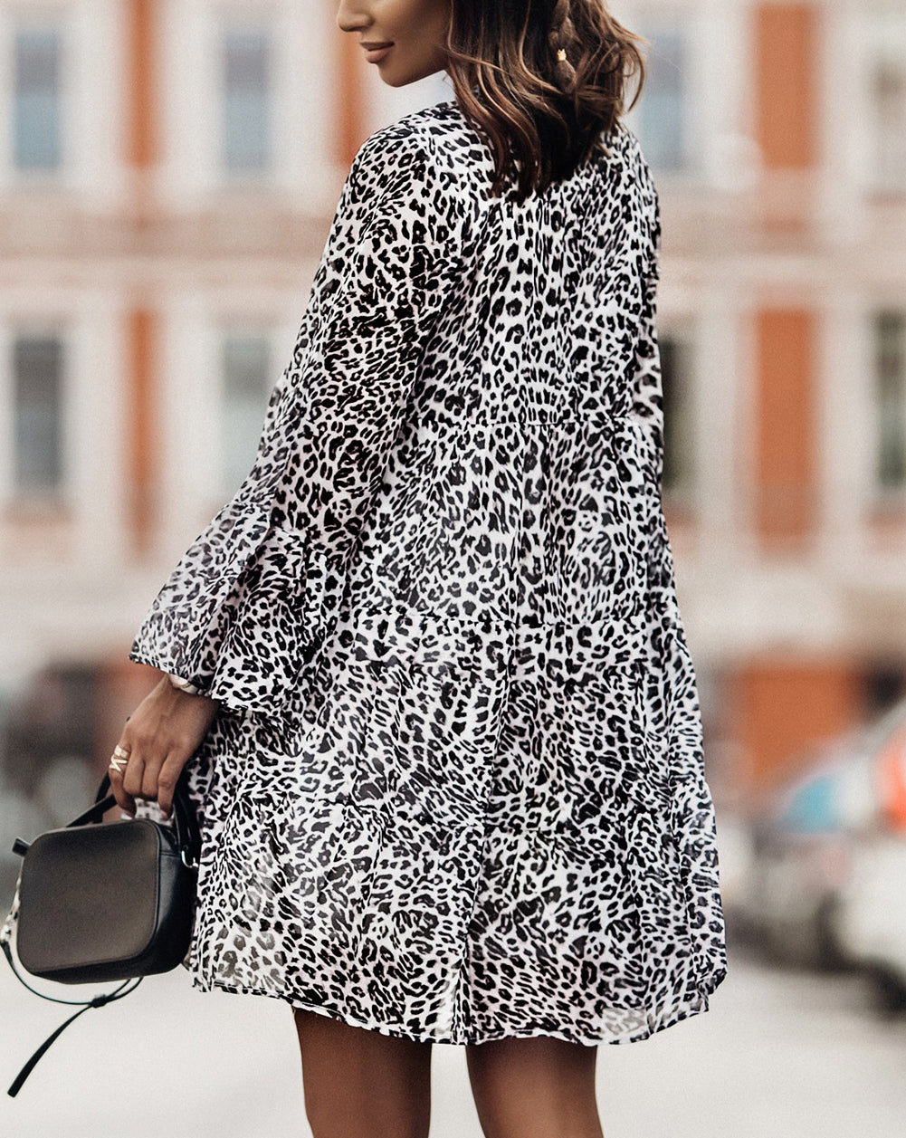 Print V neck Ruffle Swing Mini Dress