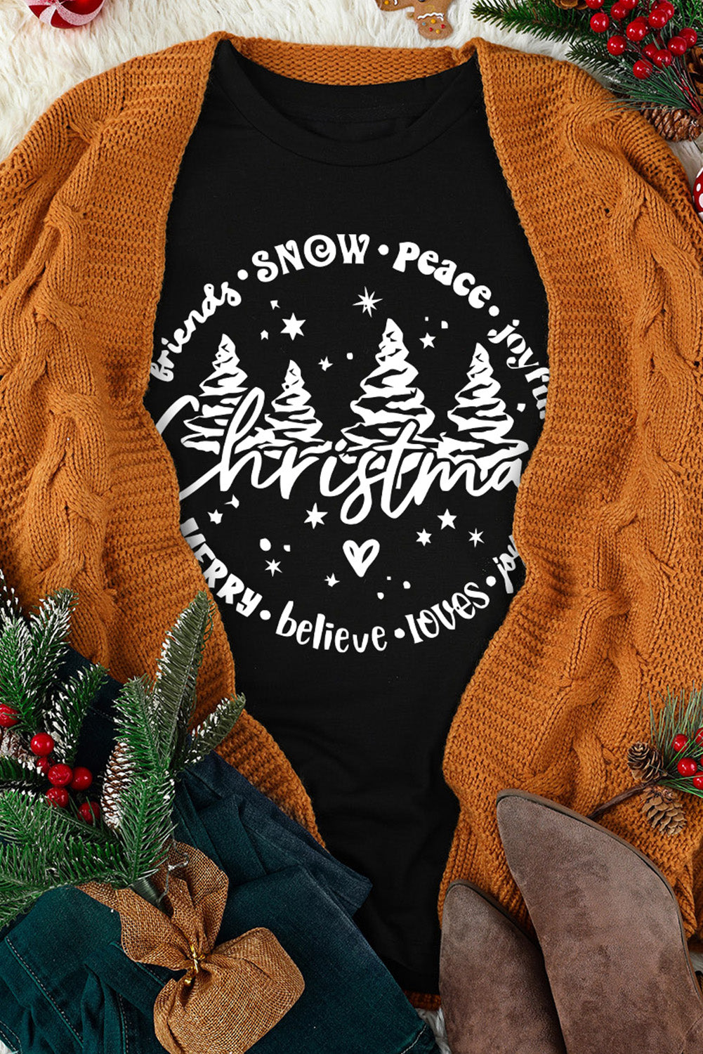 Black Christmas Tree Letter Graphic Print Crew Neck T Shirt