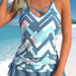 Sky Blue Geometric Print Criss Cross Drawstring Side Tankini Set