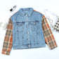 Sky Blue Medium Wash Plaid Sleeves Denim Jacket
