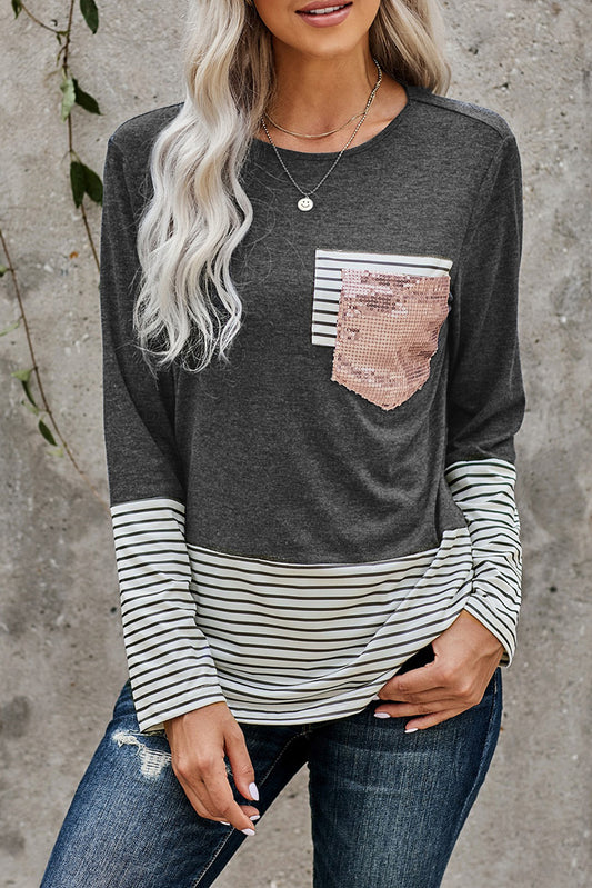 Stripe Pocket Sequins Splicing Long Sleeve O-neck Top