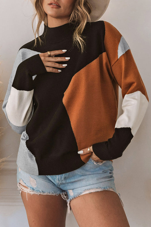 Block Mock Neck Drop Shoulder Knit Sweater