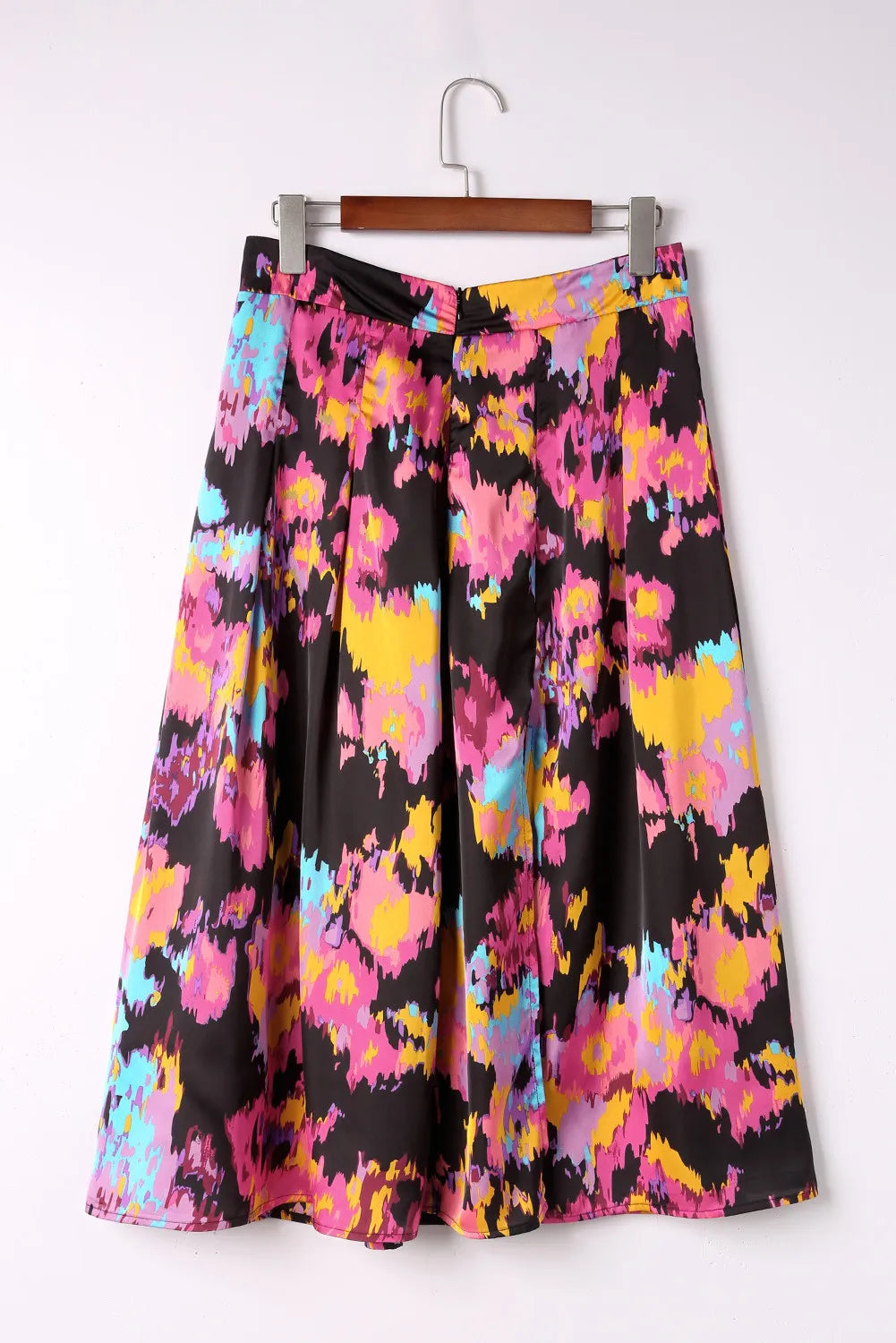 Black Abstract Floral Print Pleated Slit Skirt