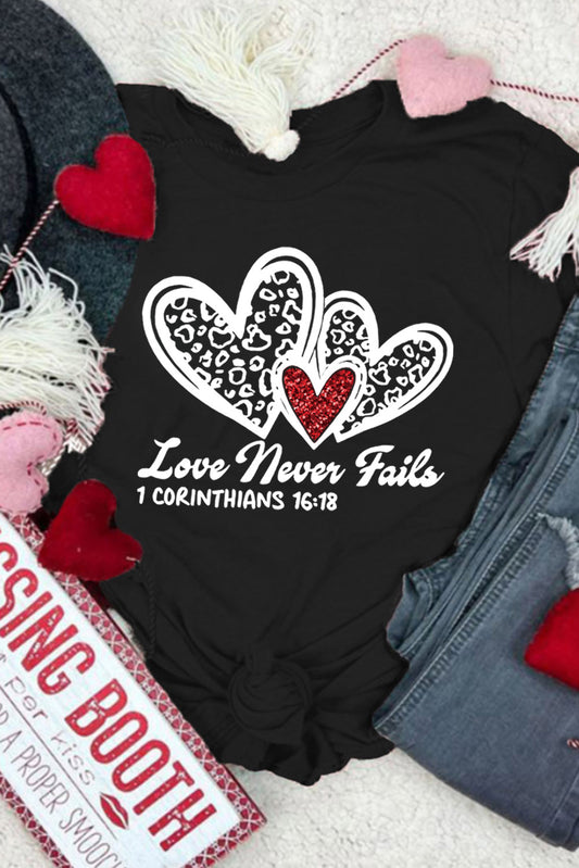 Black Love Never Fails Leopard Sequin Heart Graphic Valentines Tee