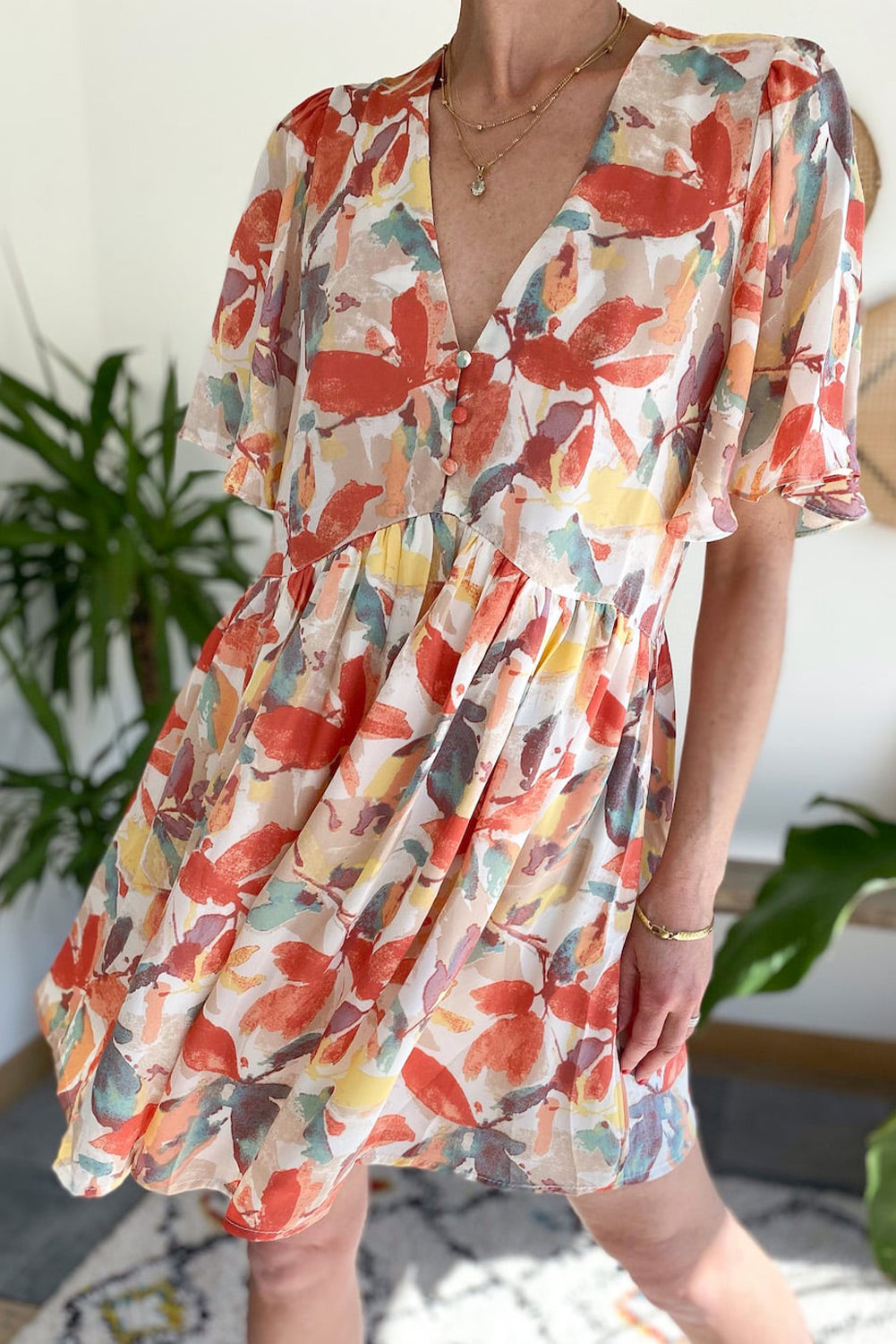 Multicolor Summer Floral Button V Neck Ruffle Flowy Dress