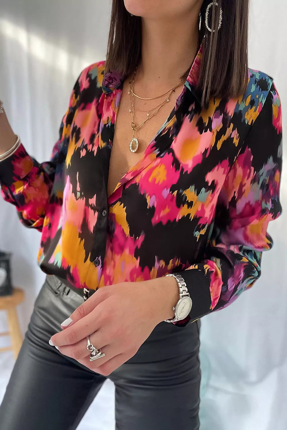 Black Tie-dye Abstract Print Long Sleeve Shirt