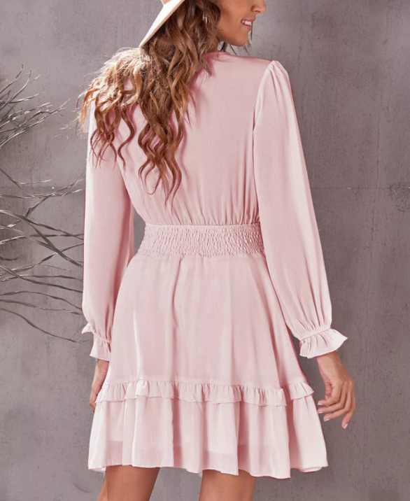 Deep V Neck Lantern Sleeve Knotted Tiered Mini Dress