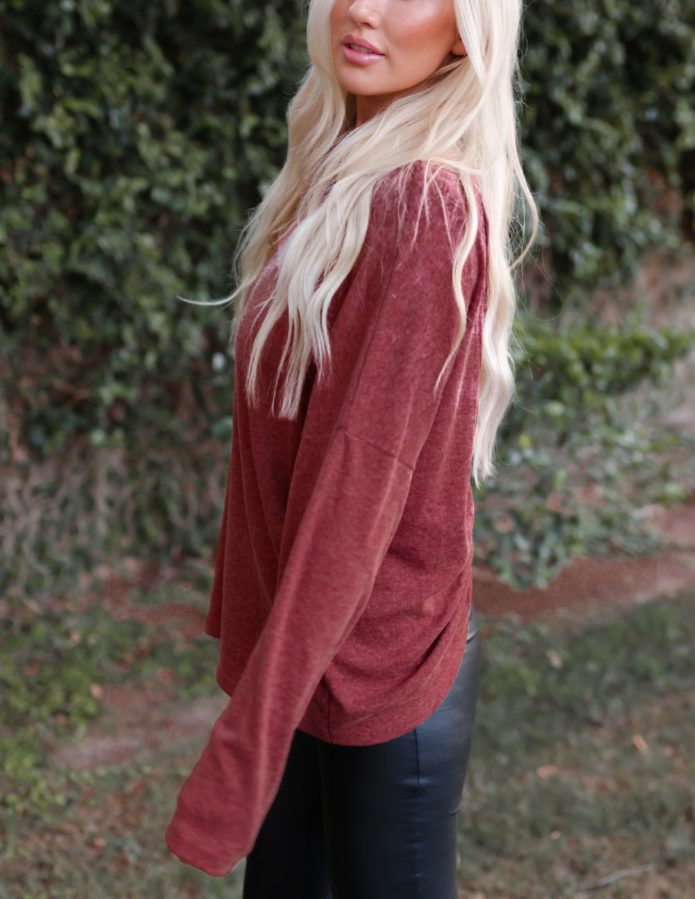 Pink Hollow-out Ruched Back Long Sleeve Top