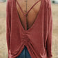 Pink Hollow-out Ruched Back Long Sleeve Top