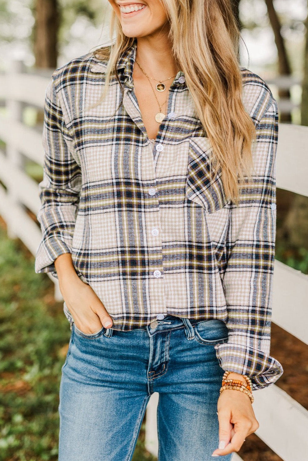 Khaki Chest Pocket Plaid Pattern Long Sleeve Shirt