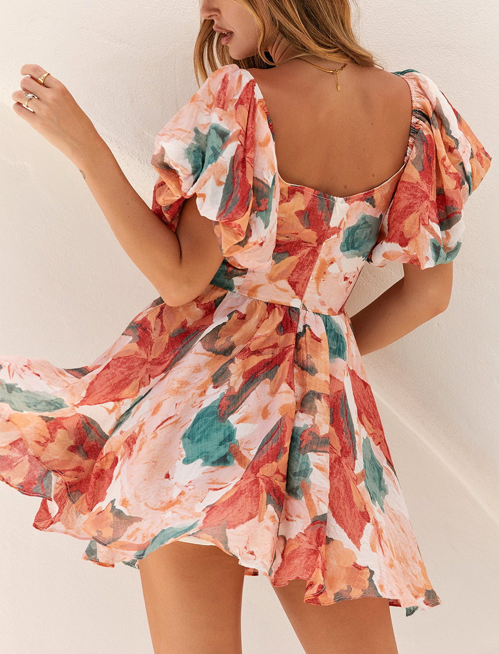 Multicolor Oil Painting Floral Print Smocked Ruffle Dress