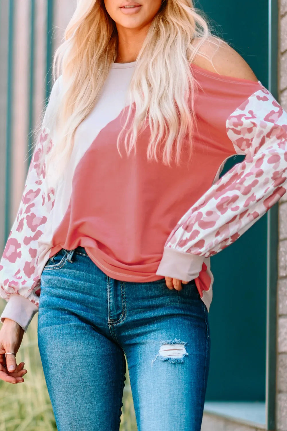 Leopard Sleeve Asymmetric Cold Shoulder Colorblock Knit Top