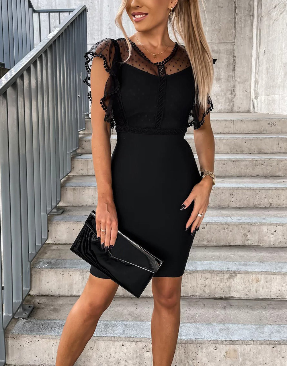 Black Polka Dot Mesh Splicing Flutter Sleeves Sheath Midi Dress