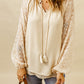 Beige Leopard Mesh Bubble Sleeve Split Neck Blouse
