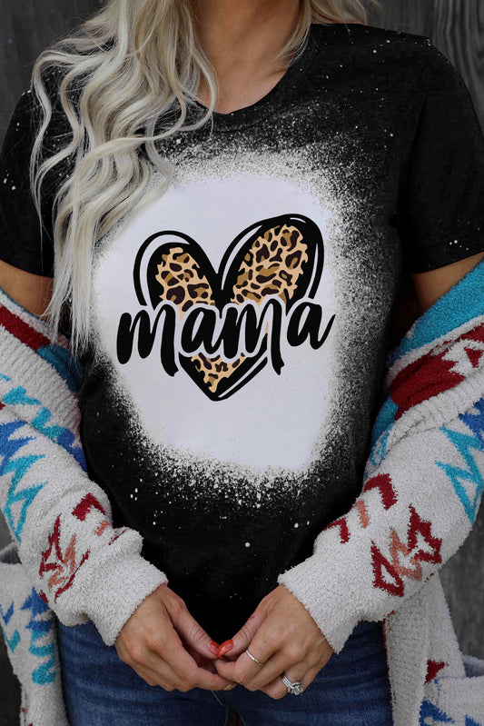 MAMA Leopard Heart Bleach Print Short Sleeve T Shirt