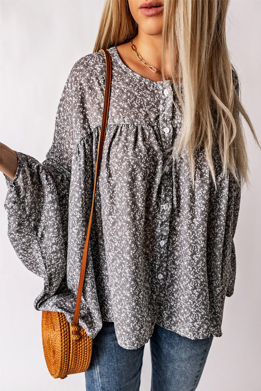Floral Print Kimono Sleeve Ruched Blouse