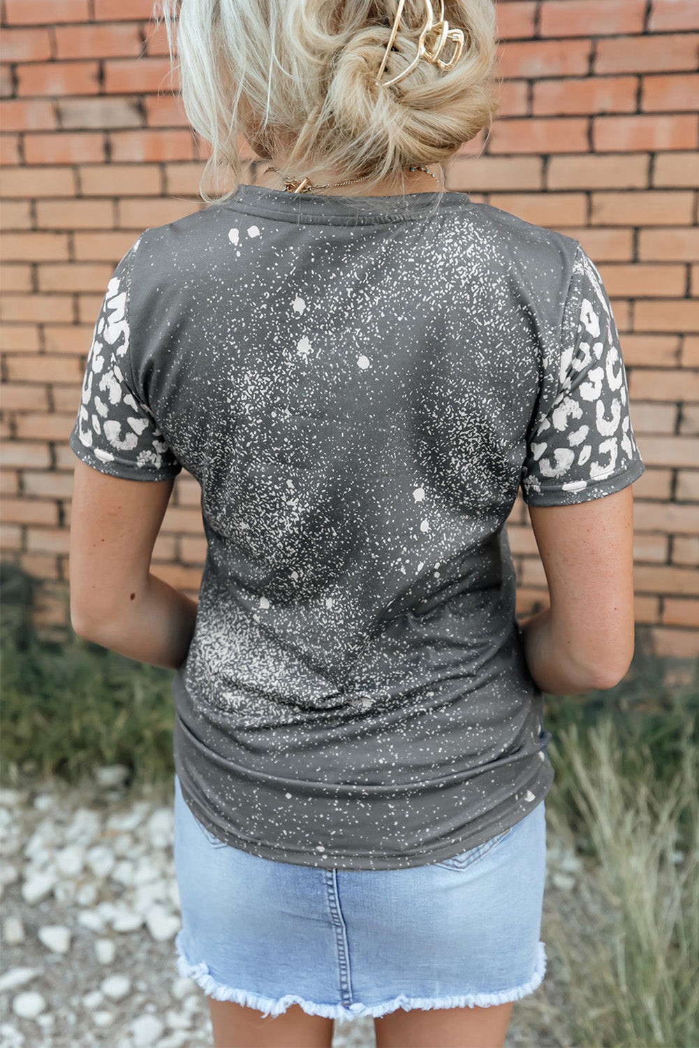 Gray POWER Slogan Leopard Bleached Print Short Sleeve T Shirt